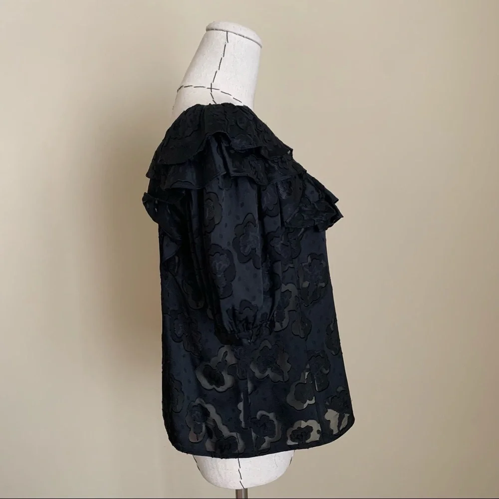 Rebecca Taylor Satin Jacquard Ruffle Top Blouse sz 0 XS - Picture 5 of 14
